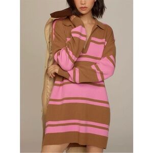 Anthropologie Maeve Color Block Mi Sweater Dress Very Oversize Brown Pink Stripe